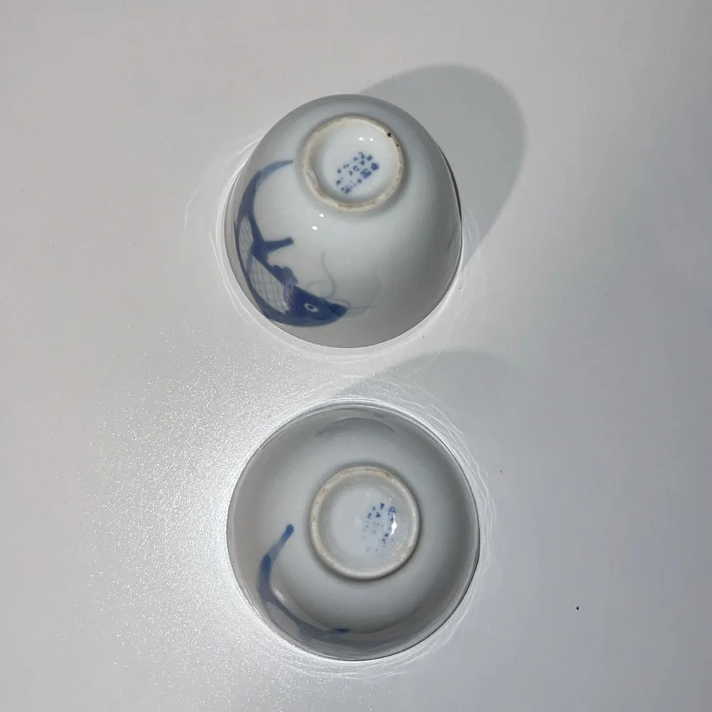 Set of Hand Painted Blue and White Koi Tea Cups - Picture 4 of 4